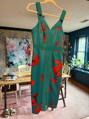 Deep, turquoise Floral Sheath Dress with Red Bloom Accents. Ted Baker 2